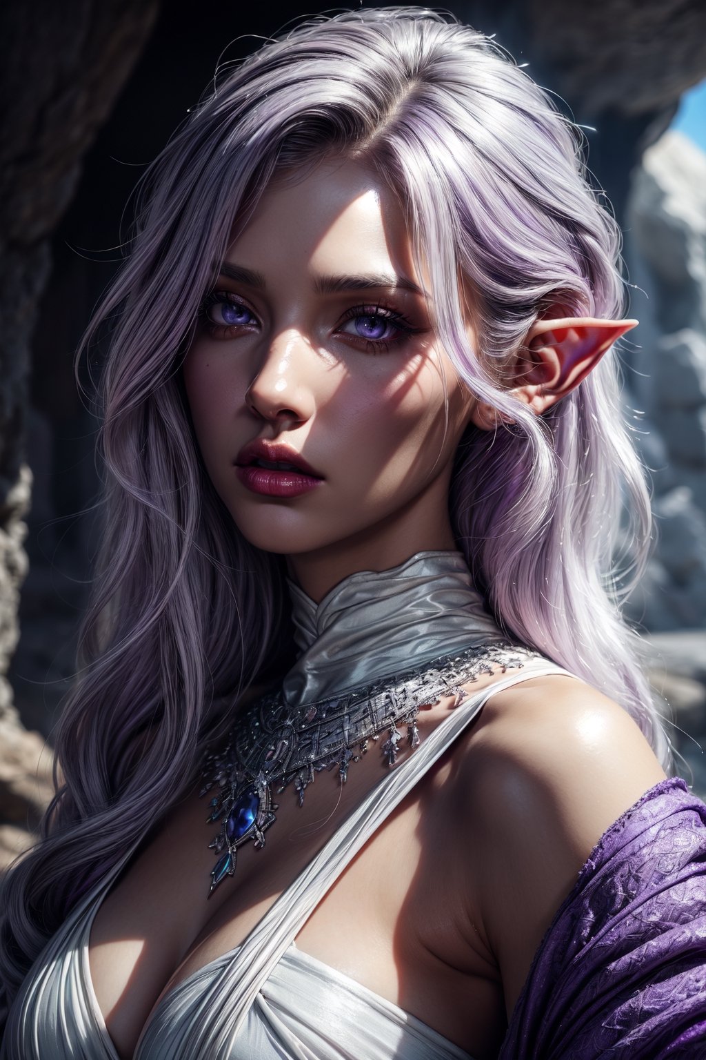 (Beauty photography:1.3), (purple - colored eyes:1.3), detailed skin texture, textured skin, visible skin detail, radiant skin, grey skin, juicy lips, Long Eyelashes, 1 photograph, detailed lips, portrait, 1 female, (white hair), purple eyes, high priestess outfit, priestess outfit, ((cave: background)), masterpiece, (dynamic pose)),Detailed face, detailed eyes, soft colors, (high-resolution:1.2),Fierce face, grey skin, dark skin, drow, elf ears, dark purple skin, black skin, tan, perfect eyes, 