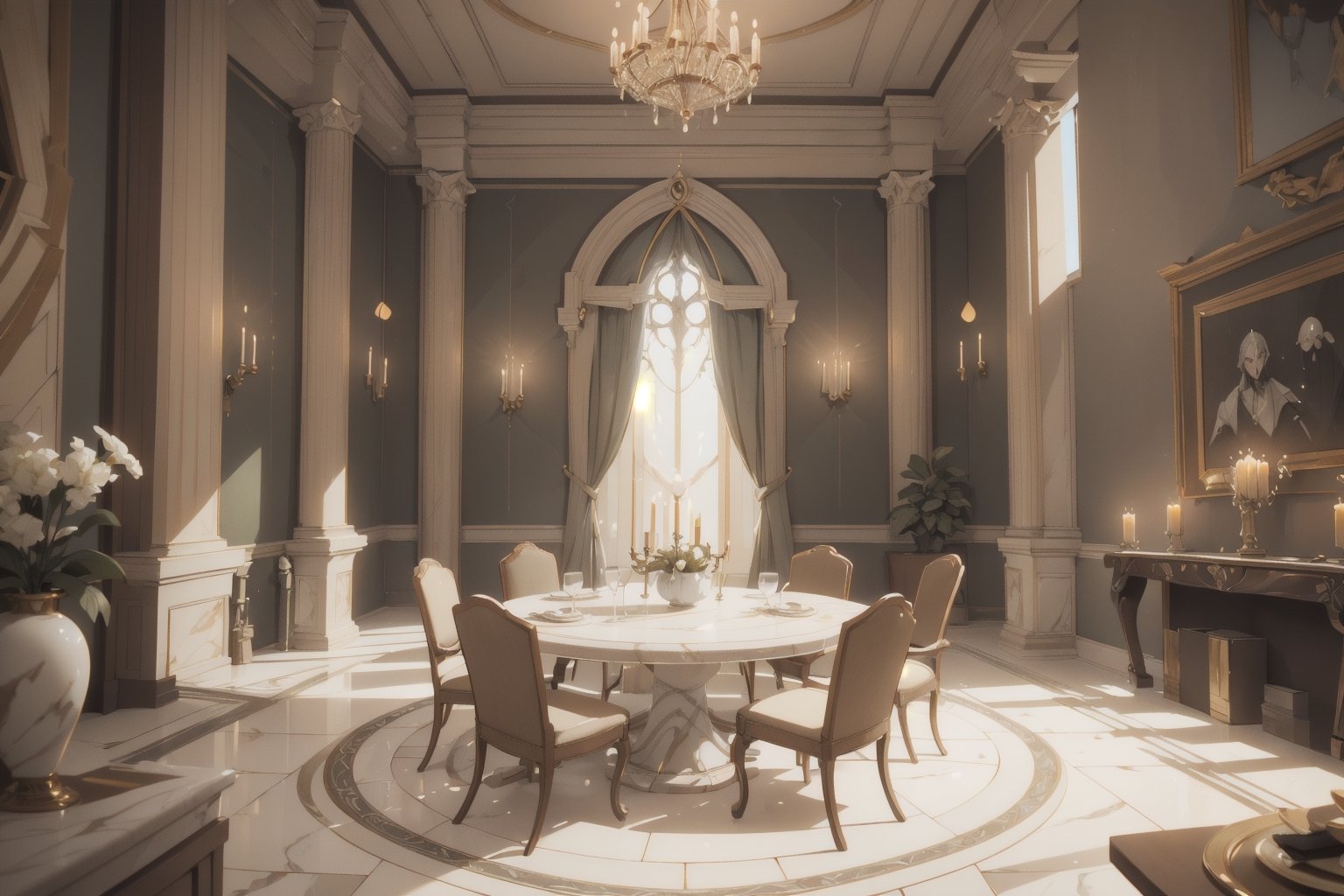 (tilt shift:1.2), cinematic scene, elven castle, elven style, luxurious elven castle, no human, inside, rich, marble floor, luxury, big room, more rich, more luxur, wrench_elven_arch, magic firefly, no humanoid, private dining room, dining room, large dining table, 6 chairs