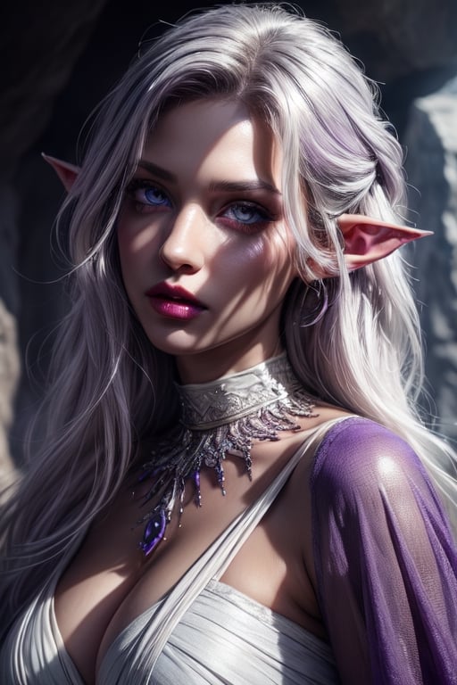 (Beauty photography:1.3), (purple - colored eyes:1.3), detailed skin texture, textured skin, visible skin detail, radiant skin, grey skin, juicy lips, Long Eyelashes, 1 photograph, detailed lips, portrait, 1 female, (white hair), purple eyes, high priestess outfit, priestess outfit, ((cave: background)), masterpiece, (dynamic pose)),Detailed face, detailed eyes, soft colors, (high-resolution:1.2),Fierce face, grey skin, dark skin, drow, elf ears, dark purple skin, black skin, tan