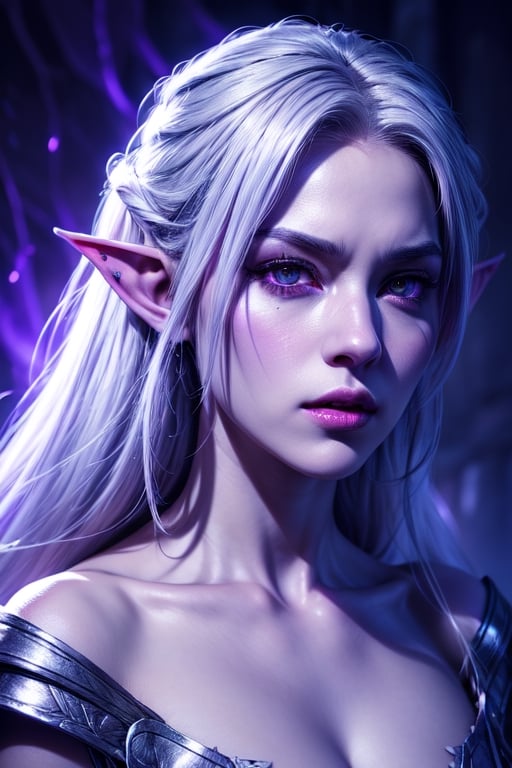 1 photograph, detailed lips, portrait, 1 female, (white hair), light purple eyes, noble rogue outfit, ((Underdark: background)), masterpiece, (dynamic pose)), Detailed face, detailed eyes, soft colors, (high-resolution:1.2), Fierce face, grey skin, dark skin, drow, elf ears, dark purple skin