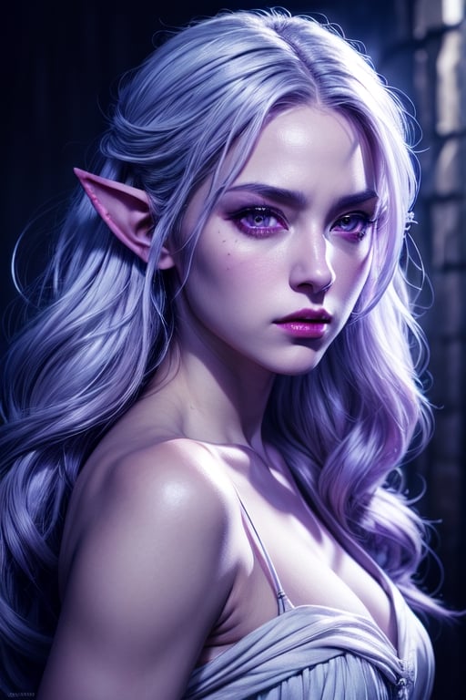 1 photograph, detailed lips, portrait, 1 female, (white hair), light purple eyes, peasant dress, rogue outfit, ((underdark: background)), masterpiece, (dynamic pose)),Detailed face, detailed eyes, soft colors, (high-resolution:1.2),Fierce face, grey skin, dark skin, drow, elf ears, dark purple skin