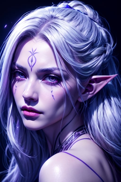 1 photograph, detailed lips, portrait, 1 female, (white hair), light purple eyes, noble rogue outfit, ((underdark: background)), masterpiece, (dynamic pose)),Detailed face, detailed eyes, soft colors, (high-resolution:1.2),Fierce face, grey skin, dark skin, drow, elf ears, dark purple skin, white tattoos