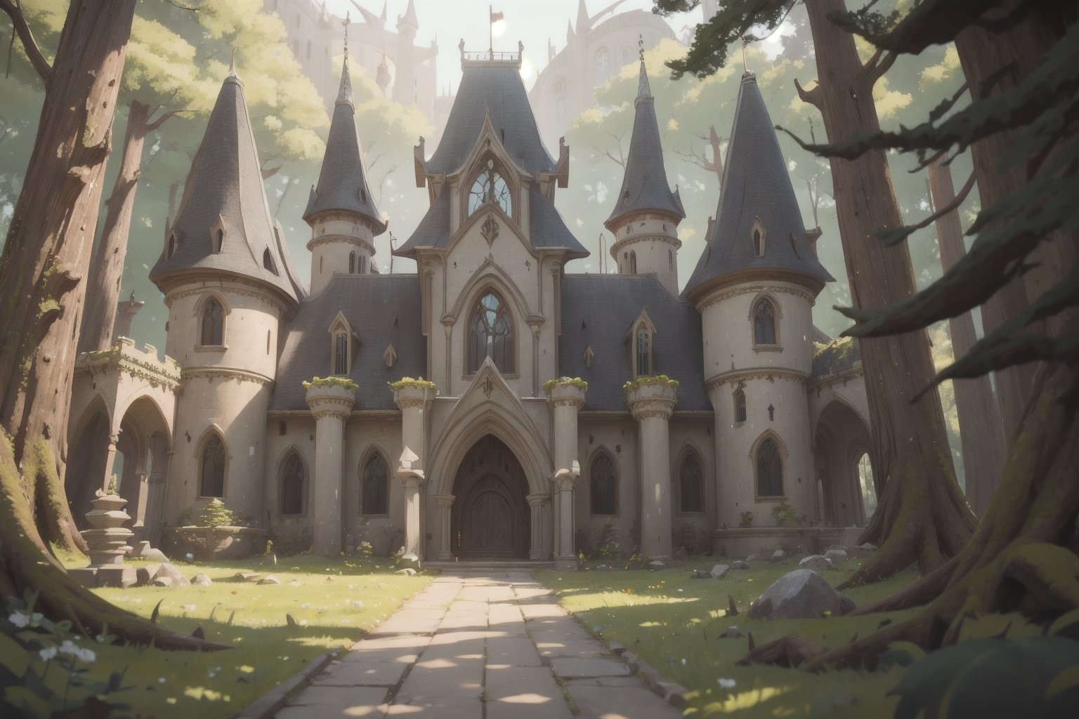 (tilt shift:1.2), the cinematic scene, thick forest, wood, elven castle, white castle, big castle, medieval, wrench_elven_arch, front of the castle, front view