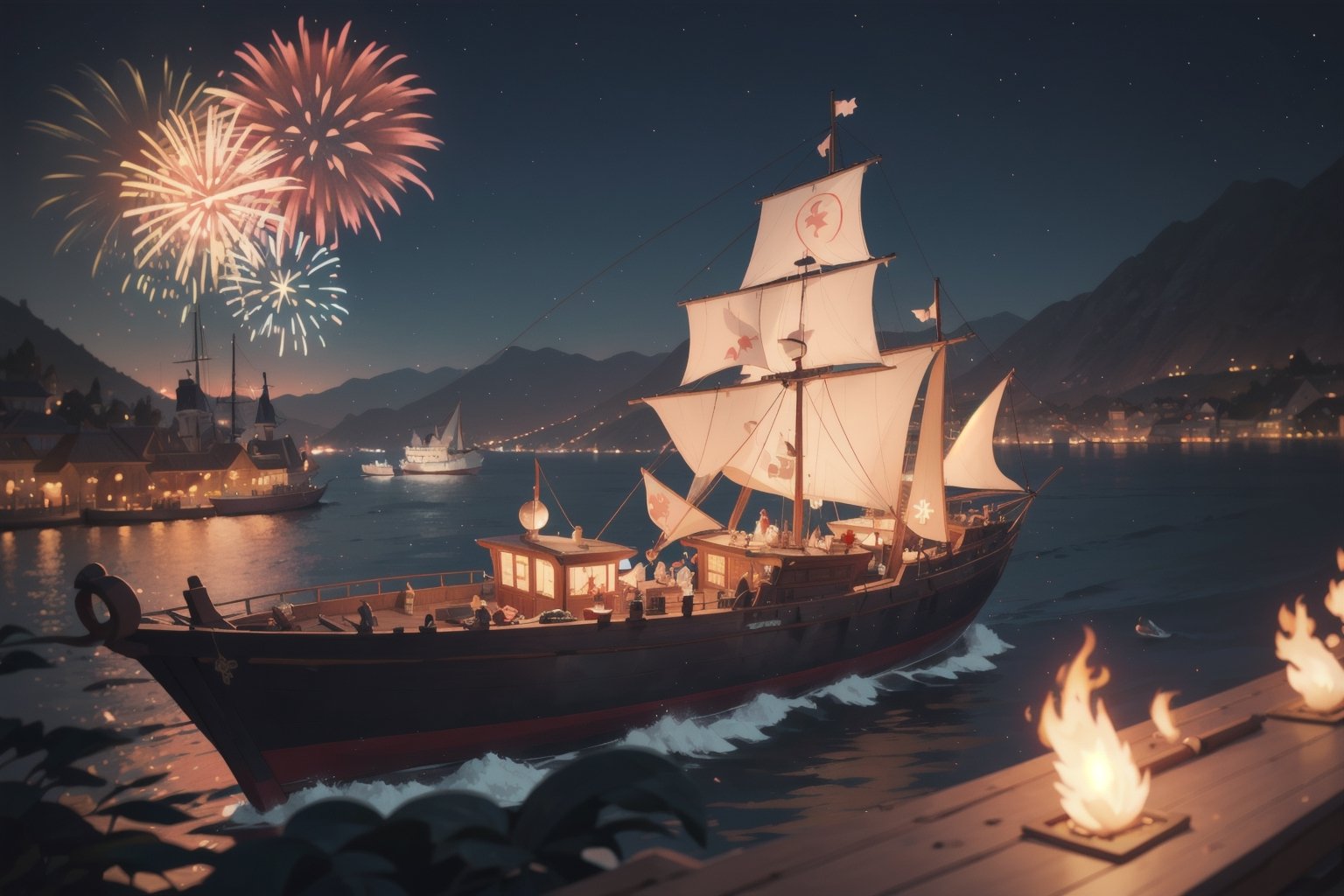 (tilt shift:1.2), party caravels, near the great harbor, nighttime, firework festival 