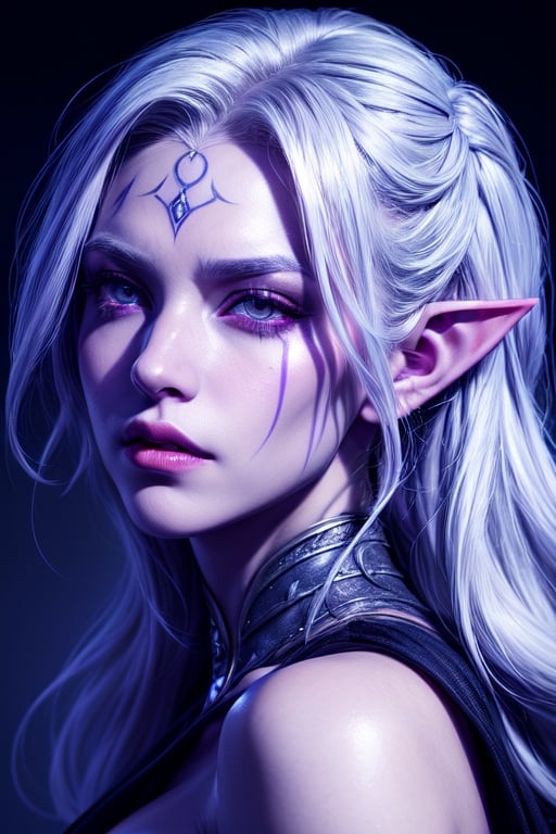 1 photograph, detailed lips, portrait, 1 female, (white hair), light purple eyes, noble rogue outfit, ((underdark: background)), masterpiece, (dynamic pose)),Detailed face, detailed eyes, soft colors, (high-resolution:1.2),Fierce face, grey skin, dark skin, drow, elf ears, dark purple skin, face tattoos