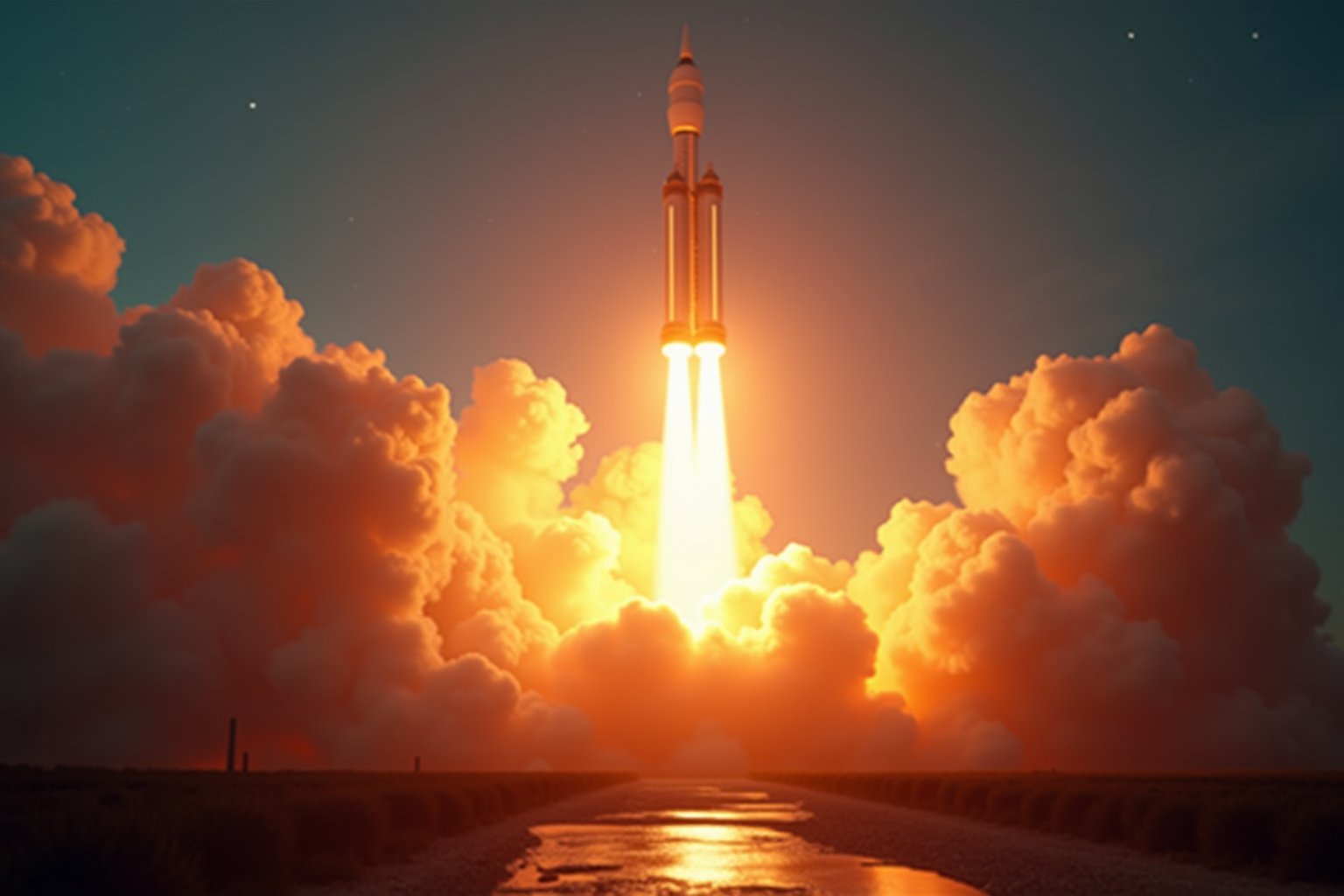 A powerful rocket launch at dawn,  flames and smoke billowing from the engines,  the rocket piercing through the morning s...