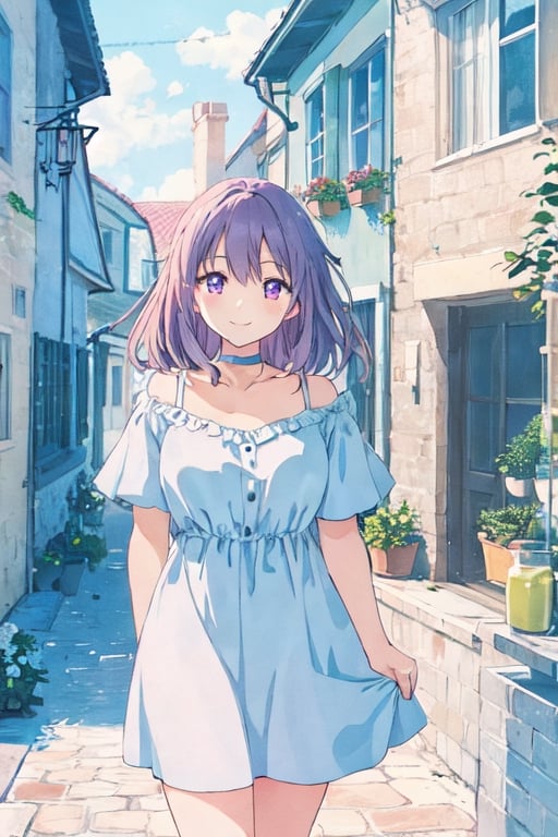 aihoshino,  A stunning anime-style illustration of a woman in a flowing, sky blue V Neck dress, standing gracefully in front of her quaint smiling, (with a blue choker around the neck), beautiful purple eyes, cottage-style home. The soft, pastel colors and delicate linework bring a sense of tranquility and elegance to the scene.,portrait,Ai Hoshino