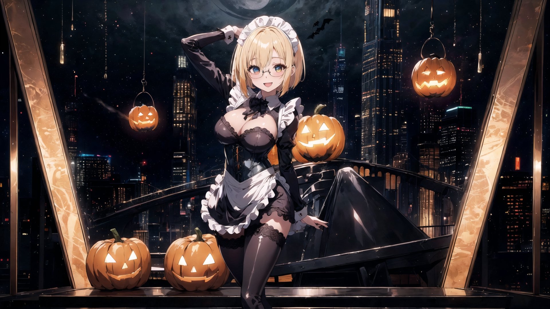 anime style portrait of a beautiful halloween glasses girl wearing (shiny-orange rubber skin tight bodysuit costume), (full body sign), (standing), (big breasts),(fusion of orange rubber bodysuit and gothic sweet maid costume:1.3), wearing a glasses:1.3, (rubber corset:1.3), (full lacy frill skirt:1.3), ((;D:1.3)), perfect face,perfect eyes,HD details,high details,sharp focus,studio photo,HD makeup,shimmery makeup,celebrity makeup,(( centered image)) (HD render)Studio portrait,magic, magical, fantasy, halloween, moon, jack-o' challenge, blonde hair, short bob hair, pixie hair, bangs, arms behid back, Mechanical part, hallowenn town, trick or treet,  magic aura background, cute,  ,maid cosplay, 