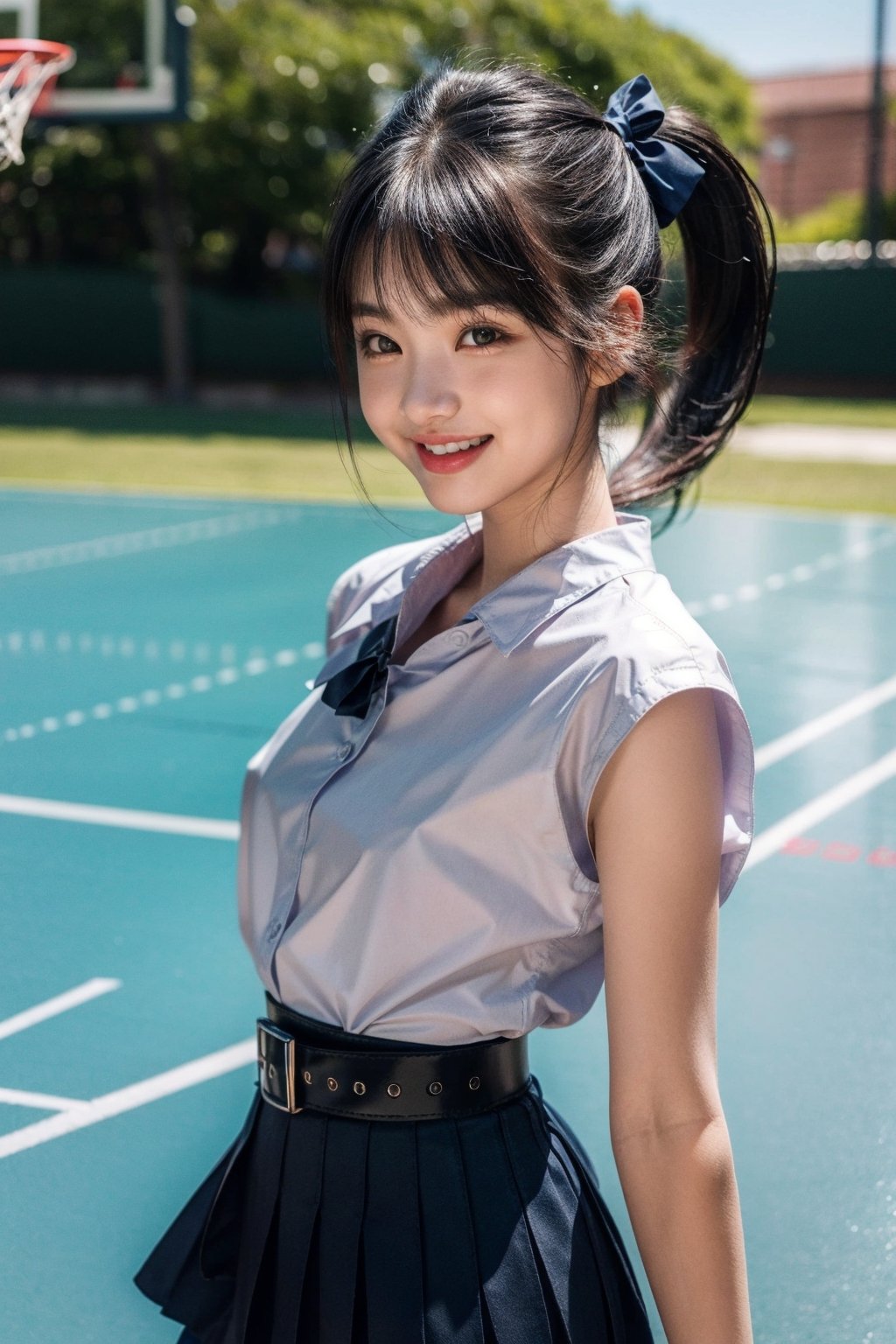 //Photo of,
1girl , solo, cute, pretty 
//Camera style,
centered shot, from front, face and waist,  look at camera,
long ponytails hair , blue bow,
//Body,
symmetrical body, (small breasts:1.6), flat chest, (perfect anatomy:1.2),
//Fashion,
white shirt collar ( pleated 4 buttons ), (black short pleated skirt:1.2), belt, black girl student shoes ,
// Basketball court backgrouds , sunshine
//Best Quality,
High quality, masterpiece, realistic, photorealistic, ultra high res, highly detailed skin, 
smile, at the street, winking