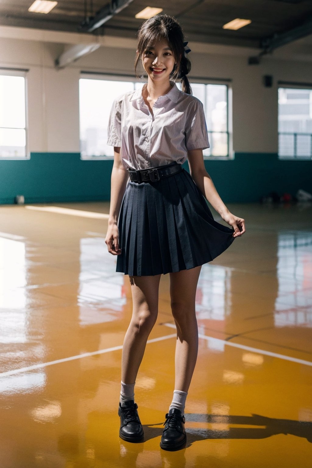 //Photo of,
2girls , solo, cute, pretty 
//Camera style,
centered shot, from front, face and waist,  look at camera,
long ponytails hair , blue bow,
//Body,
symmetrical body, (small breasts:1.6), flat chest, (perfect anatomy:1.2),
//Fashion,
white shirt collar ( pleated 4 buttons ), (black short pleated skirt:1.2), belt, black girl student shoes ,
// Basketball court backgrouds , sunshine
//Best Quality,
High quality, masterpiece, realistic, photorealistic, ultra high res, highly detailed skin, 
smile, in class room