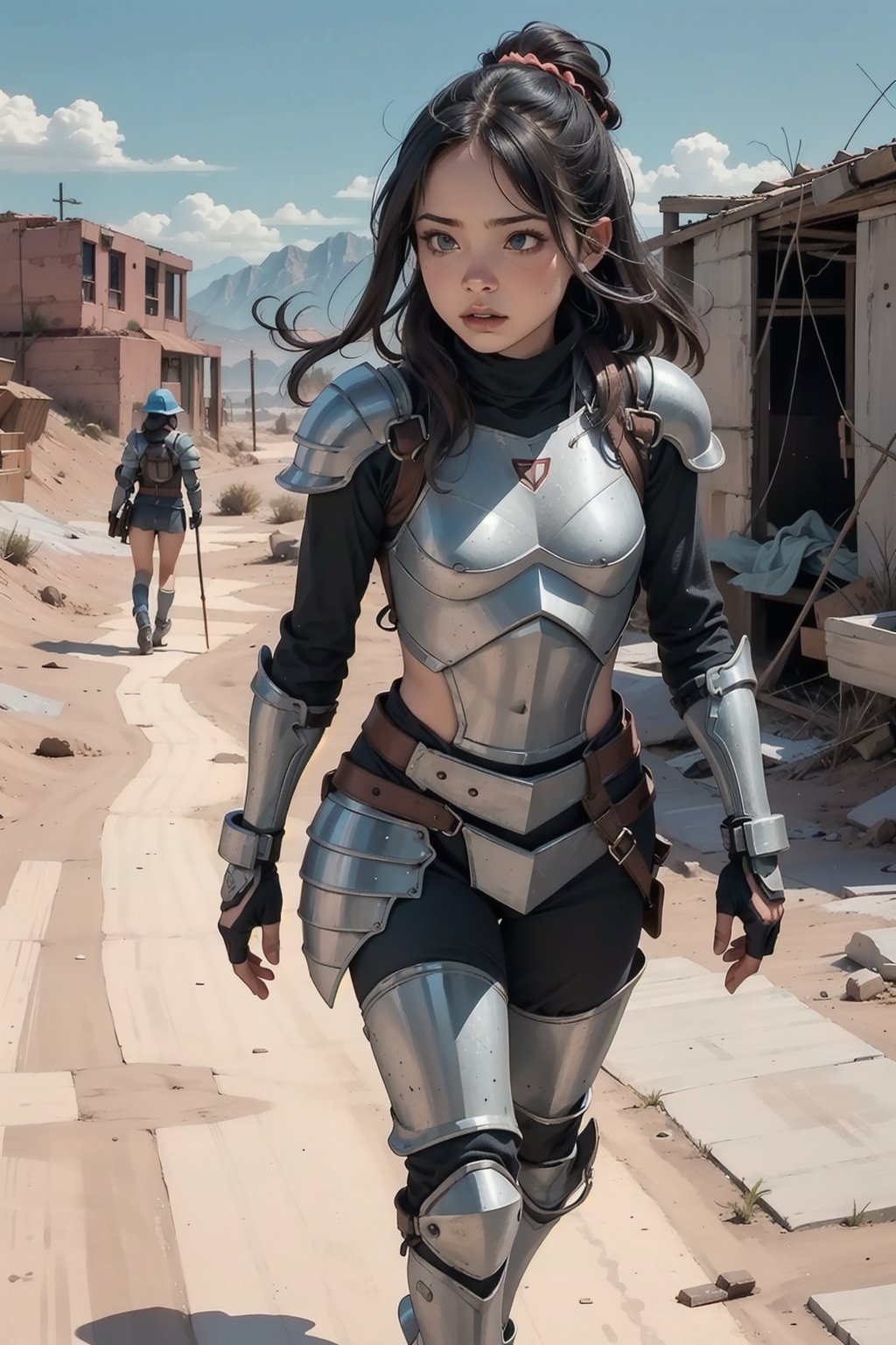 1 girl, girl in desolate wasteland, girl in armor, girl walking in desert