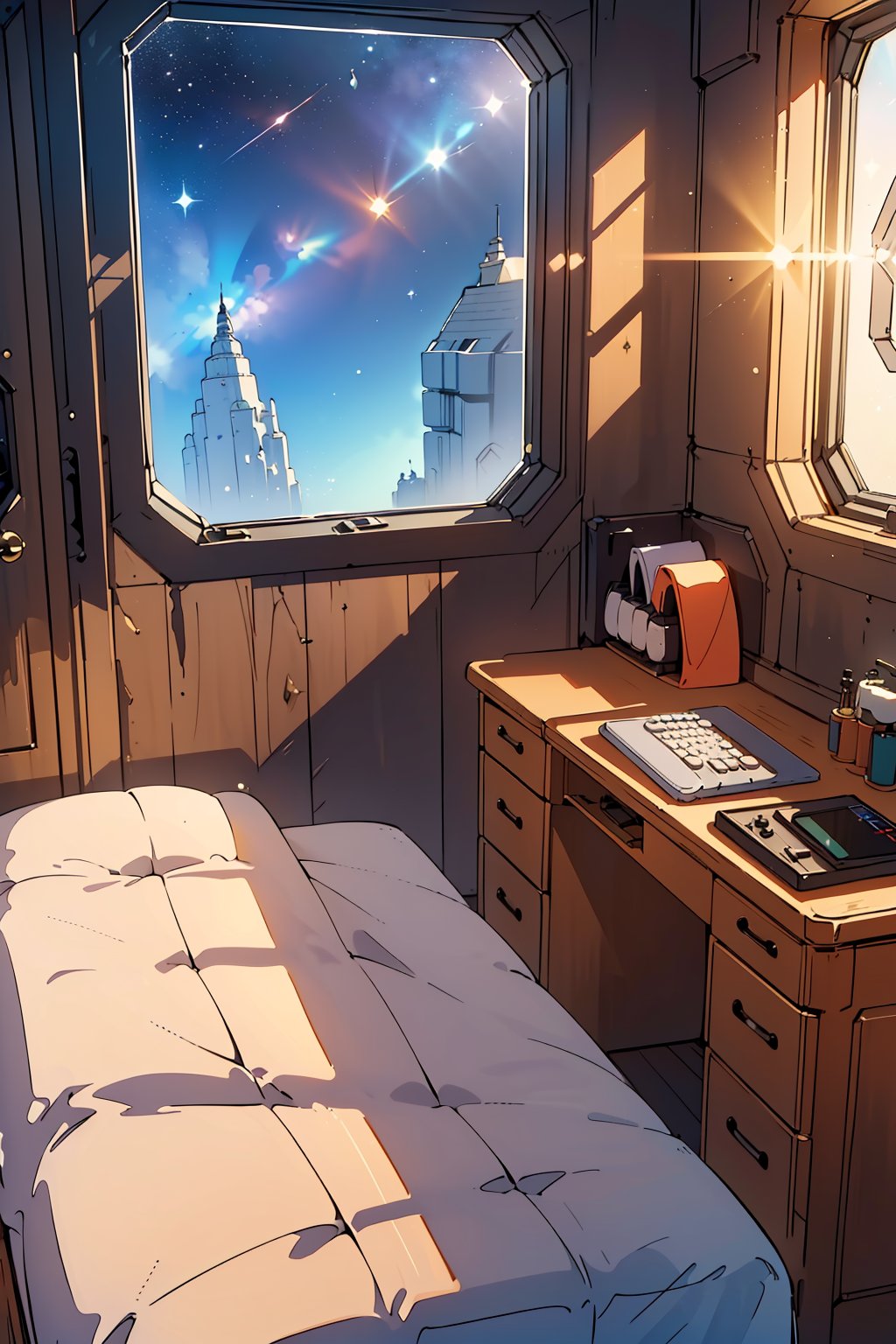 (((Private Quarters in the space Warship background, The personal living space for the protagonist on the Imperial warship, cozy and functional, A bed, small desk with tactical data pads, a personal wardrobe, low ambient lighting, a viewport showing space outside))),
(masterpiece:1.0),(best_quality:1.0), ultra high res,4K,ultra-detailed,photography, 8K, HDR, highres, absurdres:1.2, Kodak portra 400, film grain, blurry background, bokeh:1.2, lens flare, (vibrant_color:1.2),professional photograph, ,official art,extremely detailed CG unity 8k wallpaper, perfect lighting,Colorful, Bright_Front_face_Lighting, 