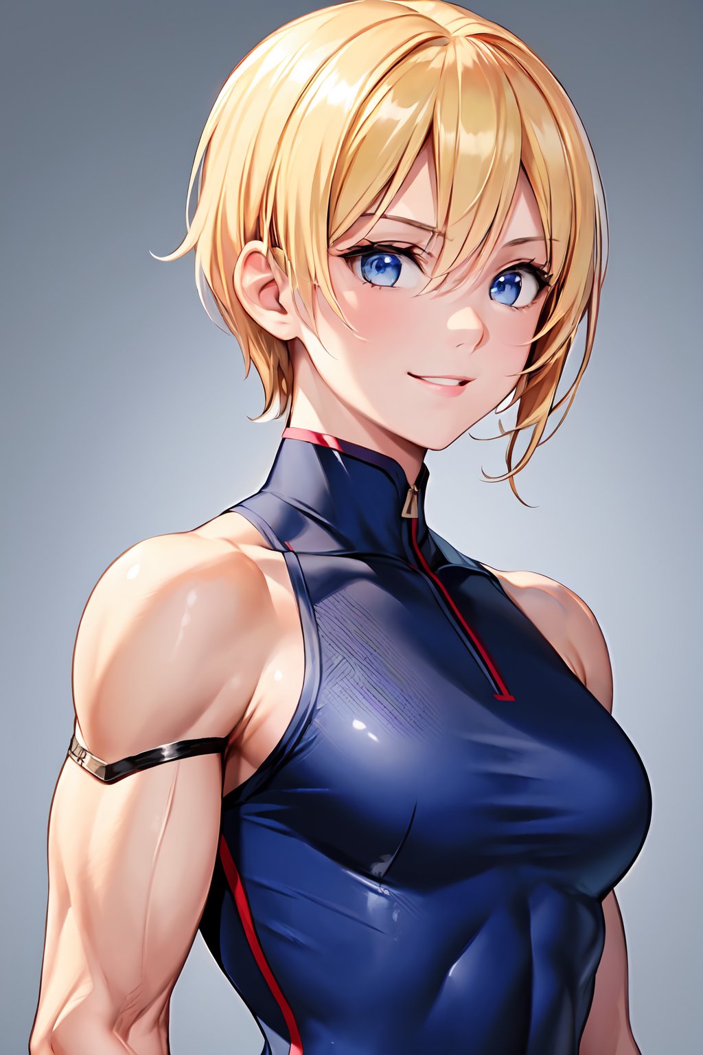 1girl, (Muscular and fit physique, short blonde hair, blue eyes), (Frequently wears military uniforms, favors functional and durable attire), (((upper body, light smile))), Beautiful