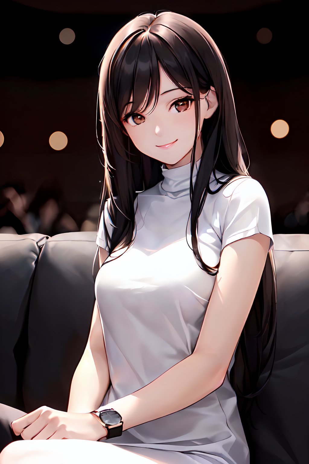 1girl, (Medium height, slim build, long black hair, brown eyes), (wearing sexy clothing), (((light smile, Common Lounge in bunker background, watch a movie, slowly moving closer to each other))), Beautiful