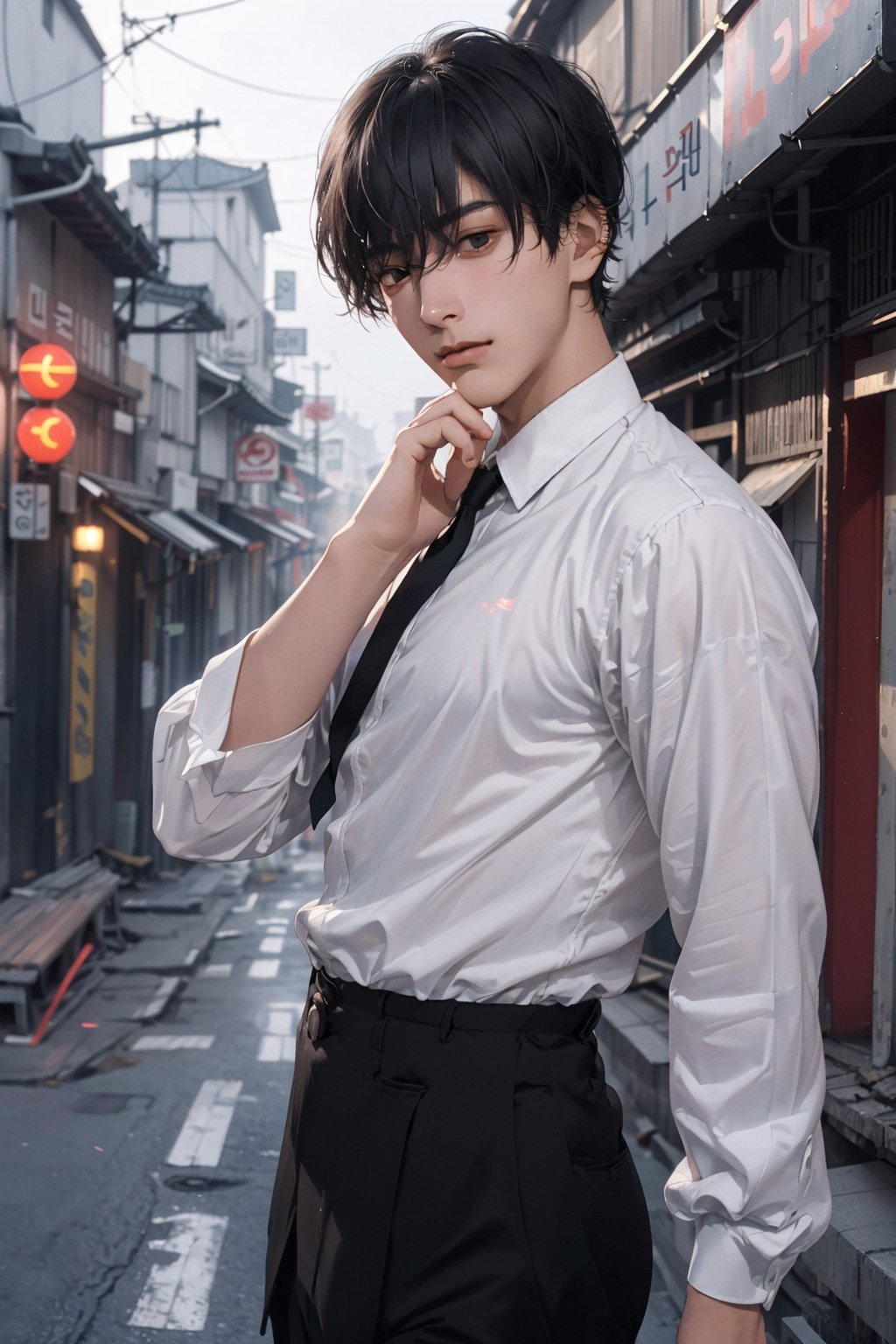 ((((1 young man, An strong impression 18-Year-Old Korean male student at 1920s)))), (Black Hair, man short haircut), (Dressed in man's black school uniform), (Foggy Seoul Streets at 1920s), (Dynamic Pose:1.4), Centered, (Waist-up Shot:1.4), From Front Shot, Insane Details, Intricate Face Detail, Intricate Hand Details, Cinematic Shot and Lighting, Realistic and Vibrant Colors, Masterpiece, Sharp Focus, Ultra Detailed, Incredibly Realistic Environment and Scene