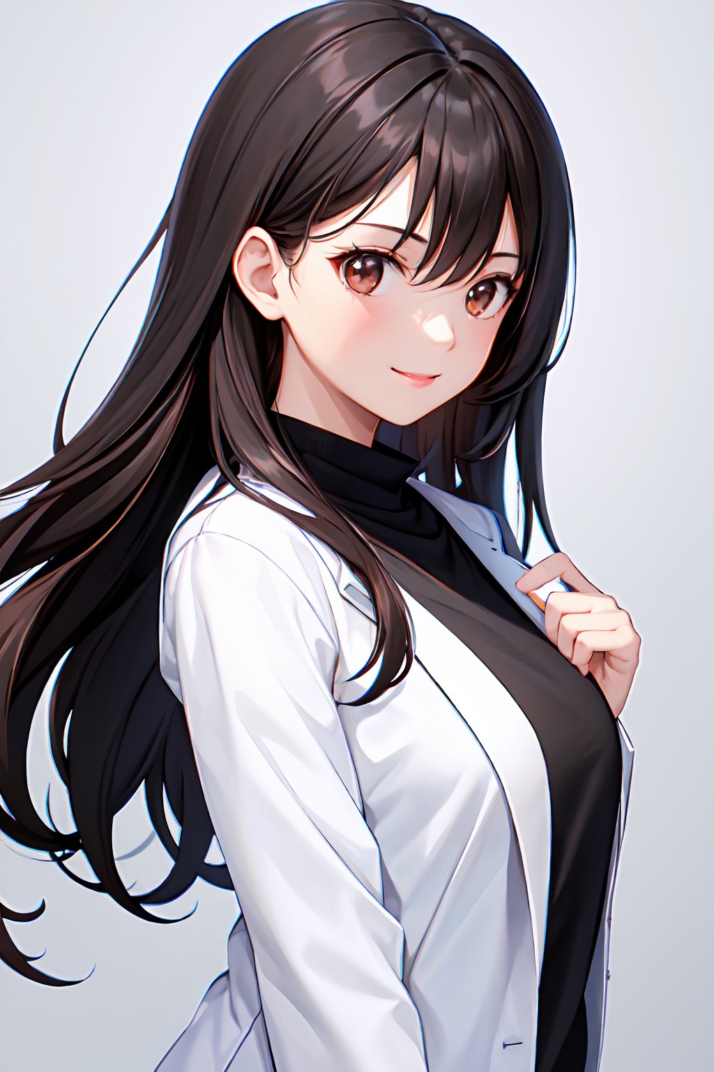 1girl, (Medium height, slim build, long black hair, brown eyes), (Prefers simple and practical clothing, often wears a lab coat or casual wear), (((upper body, light smile))), Beautiful