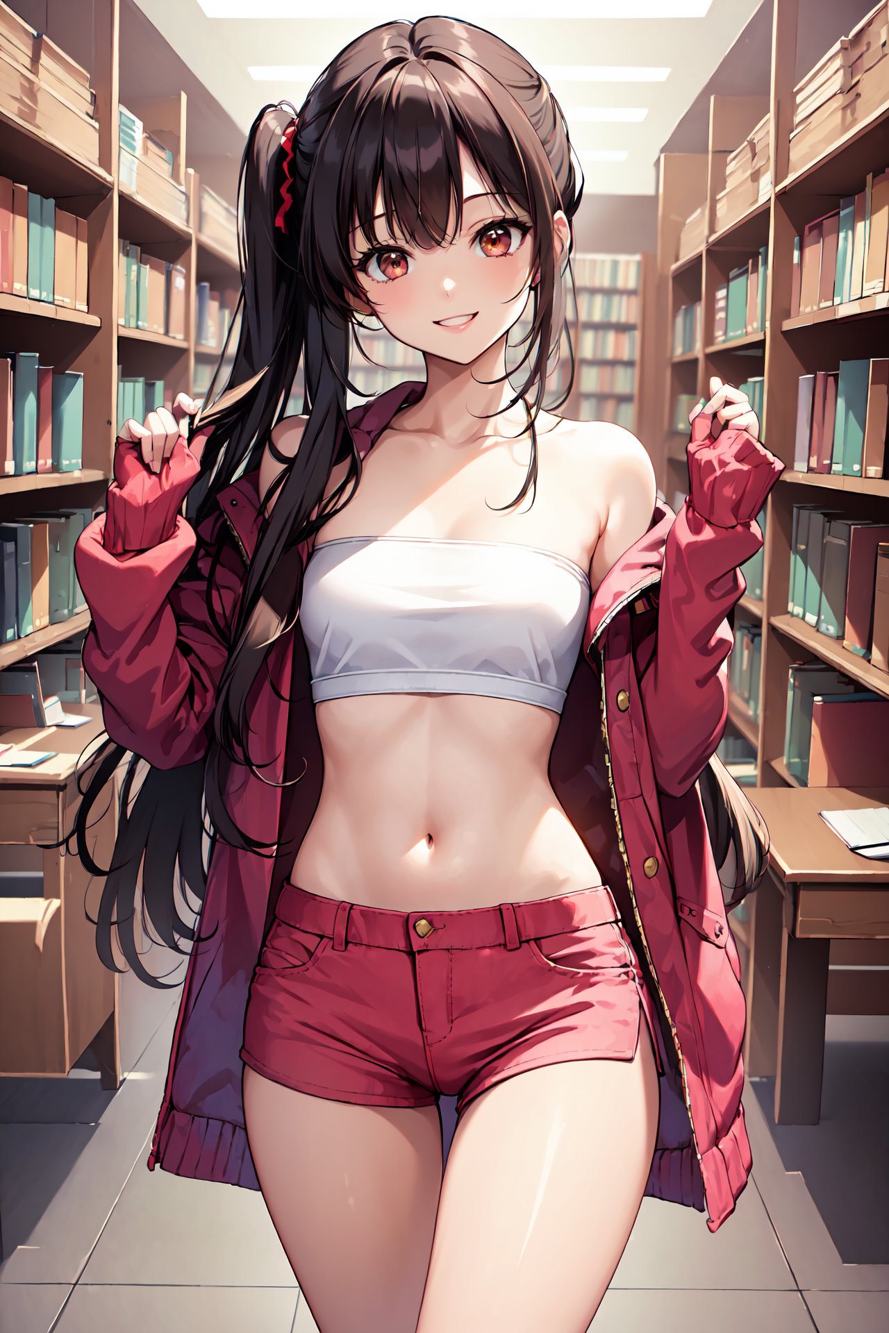 (((big smile, happy, daring, revealing, skimpy outfit, inside of Library background in the zombie apocalypse era, Reflecting on journey through her sketches, sharing the memories))), (masterpiece, best quality, 4k), 1girl, (Petite, slender build, bunhairstyle, black hair, has an artistic and delicate presence), (Wears a casual and creative outfit, a loose, colorful blouse, hot pants, and comfortable flats. Often seen with a small sketchbook and a set of colored pencils), Beautiful