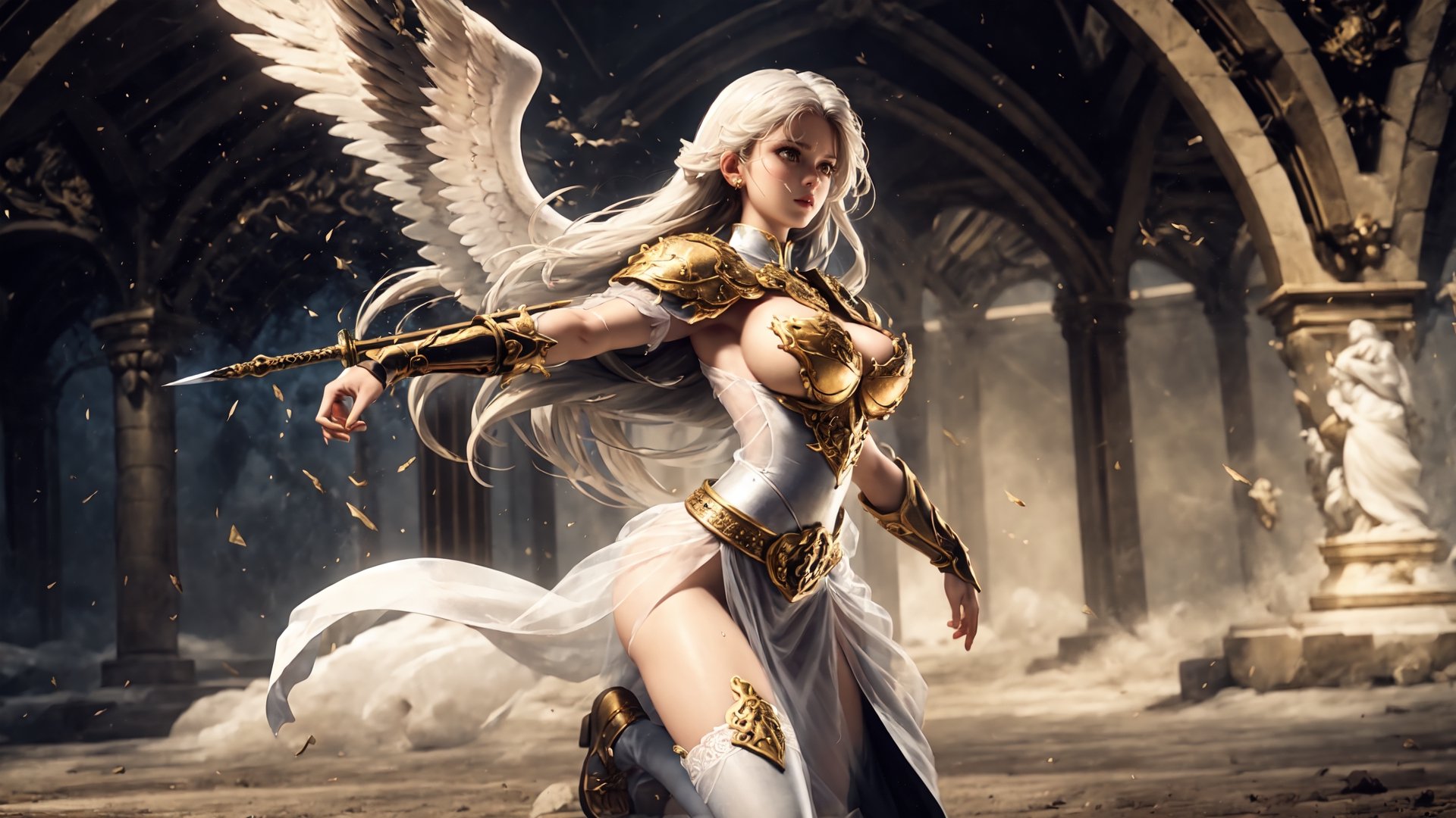 RAW photo, extremely delicate and beautiful, masterpiece, Best Quality, ultra high resolution, 16k, hyperrealistic, ultra-detailed, Very detailed CG 8k wallpaper, (best quality),(extremely intricate), (realistic), (sharp focus), (cinematic lighting), (extremely detailed), 

The girl angel warrior stands tall, her dual swords raised in the air. Her swords are long and slender, with blades that glow with a holy light. 

he archangel, standing aloft with thousands of angels, stands with his sword aloft.

She is wearing gleaming white armor, and 8 Angel Wings  are spread wide. She has a determined expression on her face, and her eyes are ablaze with determination. 

The girl angel warrior is not afraid. She has faced many challenges in her life, but she has always emerged victorious. She knows that she is fighting for what is right, and that gives her the strength to persevere. The girl angel warrior swings her Spear, and the air crackles with energy. She is a force to be reckoned with, and her enemies should beware. Here is a more specific example of dual Spear that the girl angel warrior could use: A pair of long, slender Spears with silver blades and golden hilts. The blades are engraved with ancient runes that glow with a holy light. The hilts are shaped like a pair of angel wings, and they are encrusted with precious gems. These Spears are not only beautiful, but they are also incredibly powerful. They are said to have been forged by a master Spearsmith in the fires of heaven, and that they are imbued with the power of the angels. The girl angel warrior is the only one who can wield these Spears to their full potential. She is a chosen one, and she has been entrusted with the task of protecting the innocent and fighting evil. With her dual Spears in hand, the girl angel warrior is a unstoppable force. She is a champion of justice and a protector of the innocent. She is a beacon of hope in a world that is often dark and dangerous.,

Dragon armor, dragon slayer, the heavenly palace, the high-heaven palace, the angels preparing for battle, grant hall, shimmer lighting, black and white, cross bokeh,  soft focus background, vast view, 3d, midjourney ,no_humans, Dreamscape,

Beautiful Lighting, Perfect Lightning, Realistic Shadows, perfect anatomy, super Detailed skin, perfect figure,early 20s, pretty, sexy, highly detailed cute face, very large breast, voluminous breast, hourglass body shape, narrow waist, 

very small head, handsome detailed woman, very detailed eyes and face, realistic face proportions, Stunning detailed eyes, Realistic beautiful face, very small face, Realistic beautiful eyes, makeup, earring, bare legs, beautiful and very shiny thin legs, beautiful and very thin thighs,

Cute girl, long curly blonde hair, a pure white dress, blue eyes, fabulous white see-through korea-style clothes with complex patterns, see-through lace, (see-through mesh stockings), long heel, jewelry and jewelry, floating silk ribbons, masterpiece, high detail, complex and detailed background, in the background the space, a small a trickle, early morning, dew on the leaves, a light fog has almost dissipated, a mystical atmosphere, volumetric lighting, thin with a graceful figure,

 low contrast, rooftop, ancient korea, dynamic move, at night, landscape photo, ,dragon ear, gullveig, fullbody,huoshen,mecha
,fireman,mecha,mecha musume, angel, wings,iron, metal, eight-wing archangel, 8 Angel Wings,

gang bang, breasts exposure,  female genital, no hair in the genitalia, caress one's genital organs, Orgasm, squeeze one's chest, sunshine, naked, nude, missionary position, (suffering:1.3), (eyes_open), tear, (Squirming:1.2), sweat, (facing viewer),

,fate/stay background,4rmorbre4k,EpicSky,marb1e4rmor,chibi,renaissance,armor,leoarmor,l4tex4rmor,wings,blessedtech,bikini,torn clothes