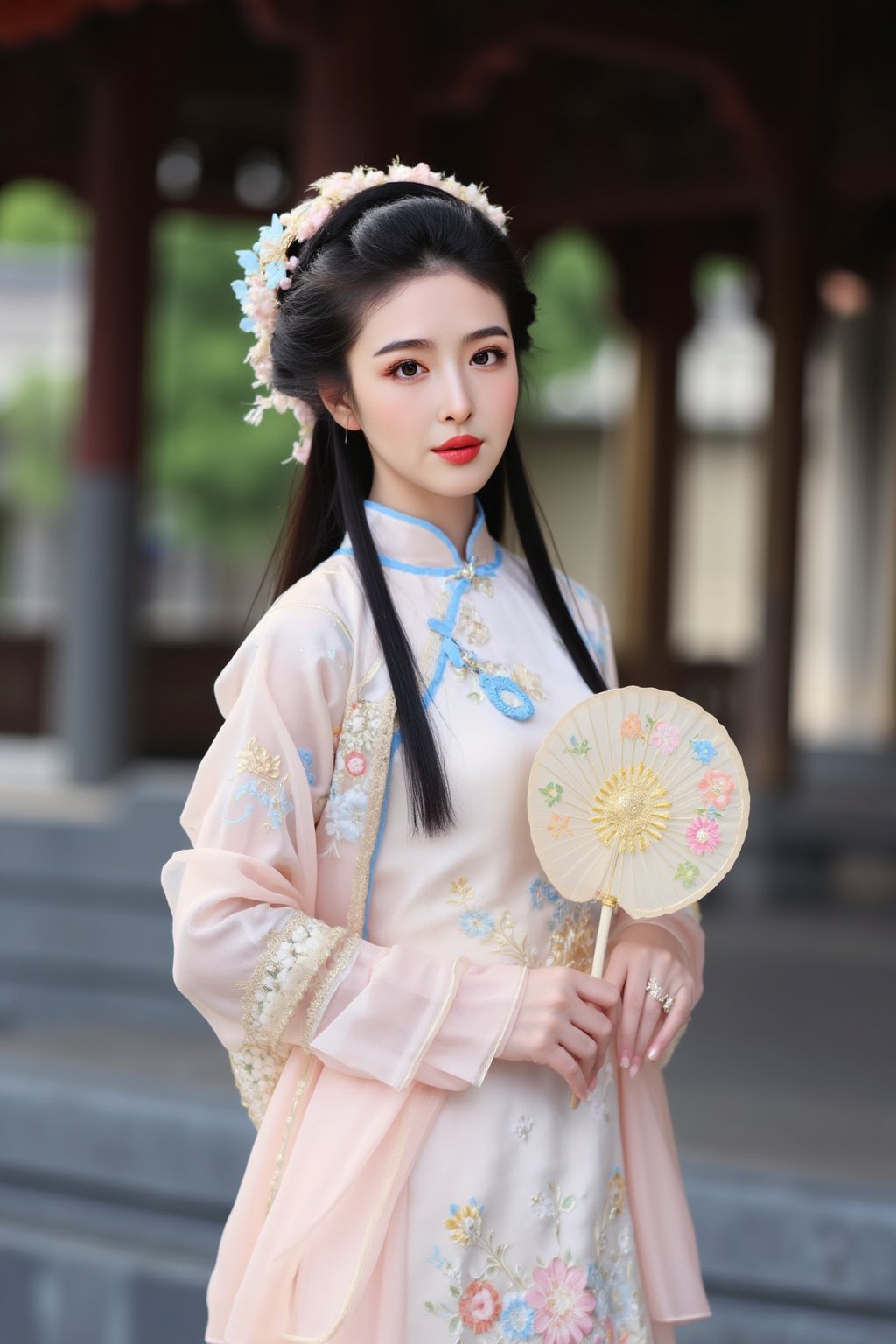 The image is a portrait of a young woman wearing a traditional Chinese Hanfu dress. The dress is made of a light pink fabric with intricate blue and gold embroidery. The woman has long black hair styled in a high bun with a flower crown on top. She is holding a round fan in her right hand and is looking directly at the camera with a serious expression. The background is blurred, but it appears to be an old building with columns and arches. The overall mood of the image is elegant and regal., alexa