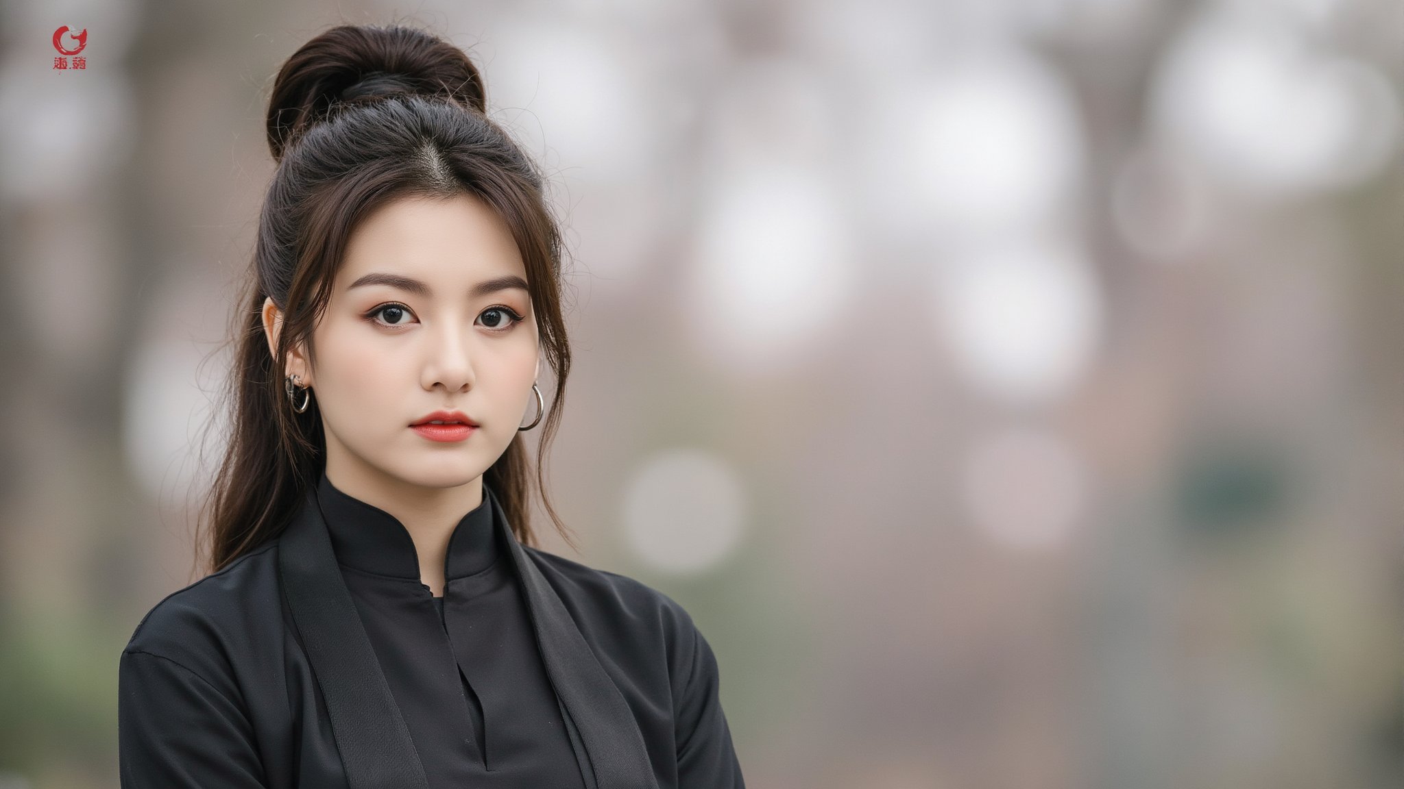 The image is a close-up portrait of a young Asian woman with long dark hair tied up in a high bun. She is wearing a black traditional Chinese outfit with a black shawl draped over her shoulders. The woman is looking directly at the camera with a serious expression on her face. The background is blurred, but it appears to be a park or garden with trees and greenery. On the right side of the image, there is a logo with Chinese characters written in red., cfairy