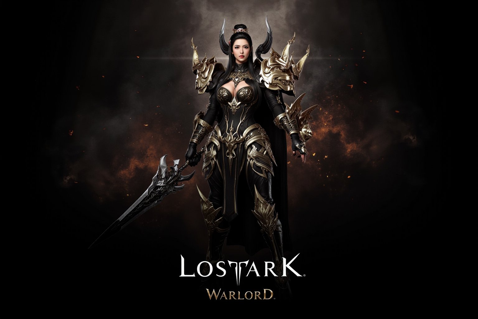 This image is a highly detailed digital artwork featuring a character named "Lostark" from the game "Warlord." The character is a muscular, imposing warrior with a stern, focused expression. She has long, dark hair and a serious demeanor. He is clad in heavy, ornate armor that combines elements of medieval and futuristic design. The armor is primarily black with golden and silver accents, featuring intricate patterns and spikes. The character wields a large, imposing sword with a black and gold handle, and his right arm is adorned with a massive, spiked gauntlet. The background is dark and smoky, with floating embers and sparks, creating a sense of drama and intensity. The lighting is focused on the character, casting dramatic shadows and highlights that emphasize the textures and details of his armor. The image is rich with depth and contrast, with the character standing in the foreground while the background fades into darkness. The name "Lostark" is prominently displayed in white text at the bottom, with the game's name "Warlord" below it. The overall style is high-quality CGI with a heavy emphasis on realism and dramatic presentation.