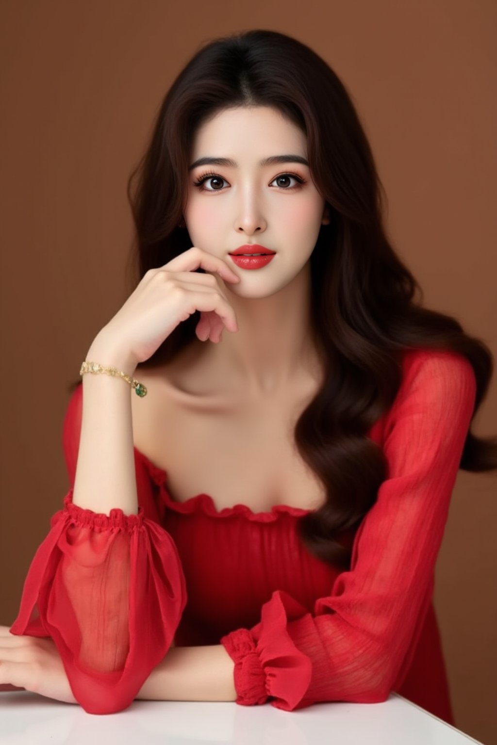 The image is a portrait of a young woman with long dark hair. She is sitting at a white table with her hand resting on her chin. The woman is wearing a red off-the-shoulder top and her hair is styled in loose waves. She has a serious expression on her face and is looking directly at the camera. The background is a plain brown color. The lighting is soft and natural, highlighting the woman's features., alexa