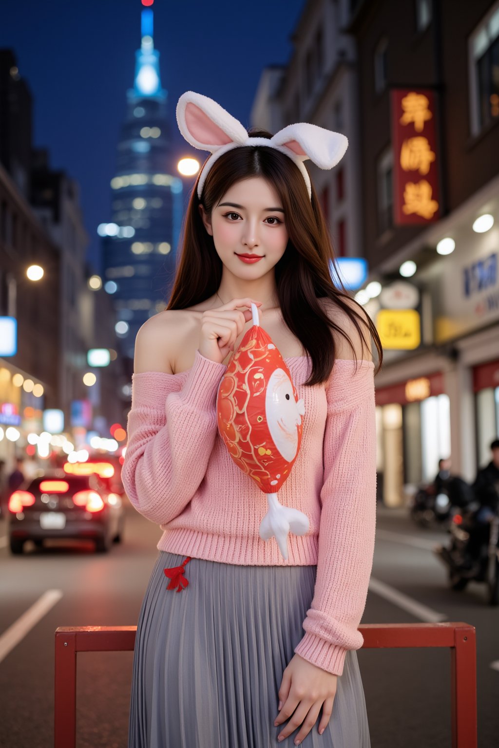 The image is a portrait of a young woman standing in front of a city skyline at night. She is wearing a pink off-the-shoulder sweater and a gray pleated skirt. Her long dark hair is styled in loose waves with white bunny ears and she is looking directly at the camera with a slight smile on her face. The background is blurred, but it appears to be a busy street with cars and motorcycles. The overall mood of the image is casual and relaxed. In her hands, she holds a red and white lantern featuring a large, detailed fish design, adding a festive touch to the scene.