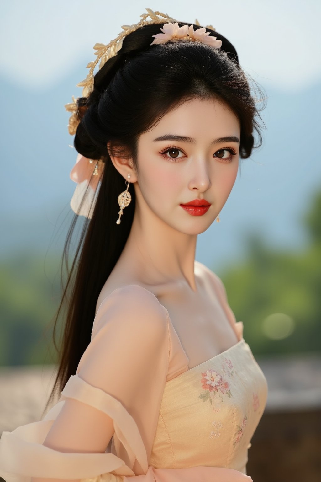 The image is a portrait of a young woman dressed in traditional Chinese clothing. The woman has long black hair styled in a half-up, half-down hairstyle with a flower crown on her head. She has a serious expression on her face and is looking directly at the camera. The background is blurred, but it appears to be an outdoor setting with trees and mountains in the distance. The overall mood of the image is peaceful and serene., alexa