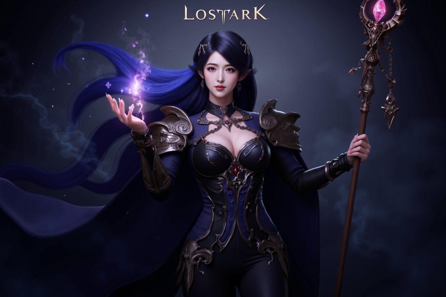 This is a highly detailed digital artwork depicting a fantasy character in a mystical, ethereal setting. The central figure is a female wizard with long, flowing black hair that transitions to a vibrant blue near the ends. She is dressed in a dark, form-fitting outfit adorned with intricate metallic designs and straps, giving her a priestess appearance. Her armor includes large, ornate shoulder pads and a high-collared cape that flutters behind her, hinting at movement. 

Her right hand is extended forward, creating a magical spark that emits a series of glowing, star-like particles. Her left hand holds a long, ornate staff topped with a glowing, pink crystal. The staff's texture is rough, with a wooden base and intricate metalwork. The character's expression is focused and serious, with a hint of determination.

The background is a gradient of dark blues and purples, with subtle star-like particles floating around her, enhancing the mystical atmosphere. The overall style is highly realistic, with attention to minute details in the character's armor and the magical effects. The image is titled "Lostark" at the top, suggesting it might be promotional art for a game or series.