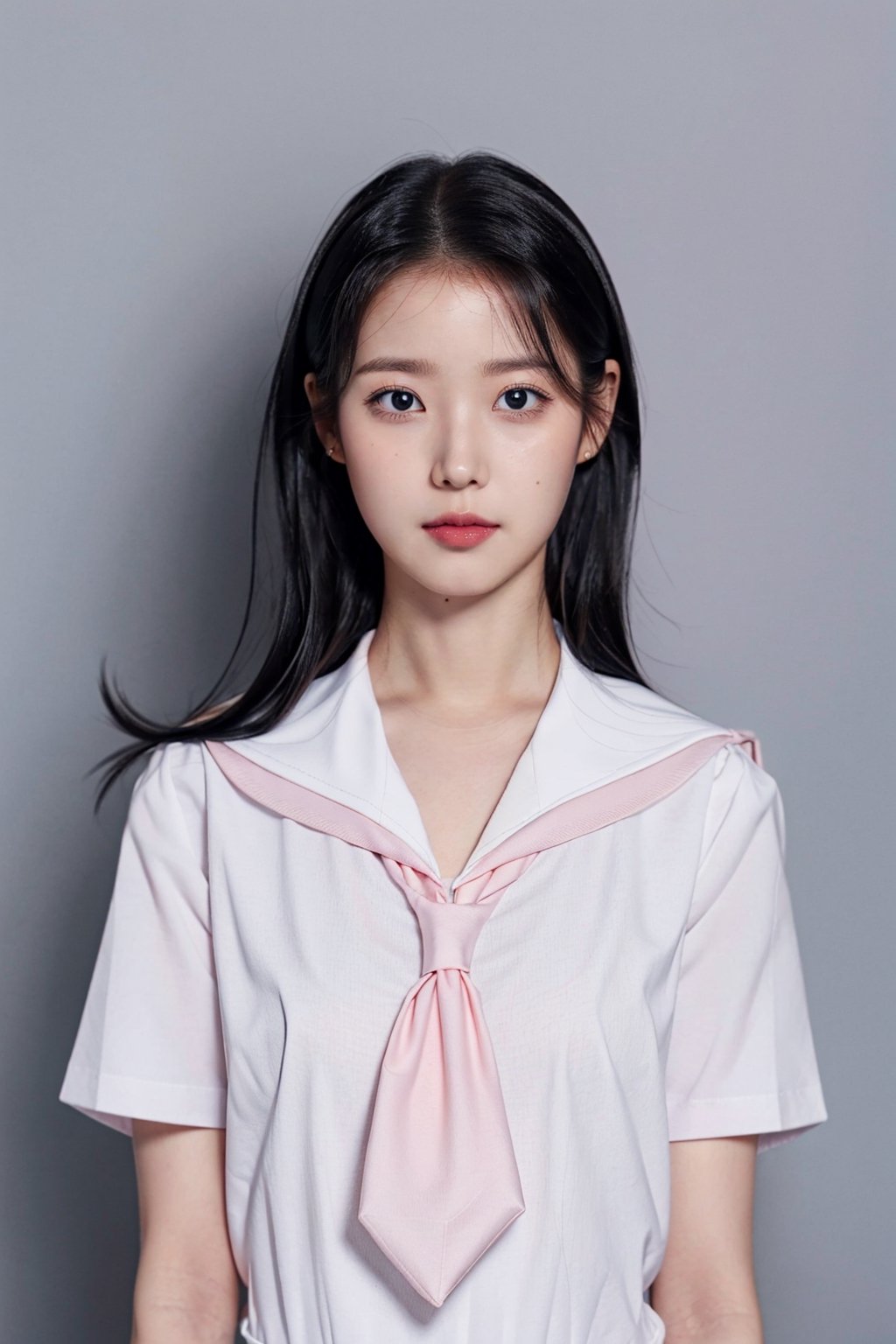 1girl,  (close-up photograph),  (extremely detailed face), (black hair), ((short sleeve white sailor school uniform, pink tie )),    looking_at_viewer,  ,     ,  (half body photo),  (grey plain background), ,,iulorashy