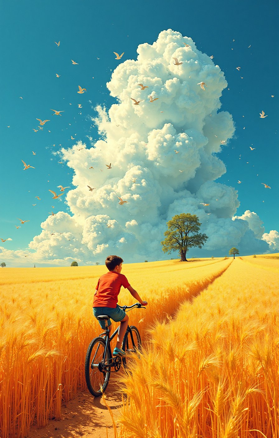 A young man on his bicycle in the middle of an endless wheat field. Next to him is a tall,  white,  tree-shaped cloud by A...