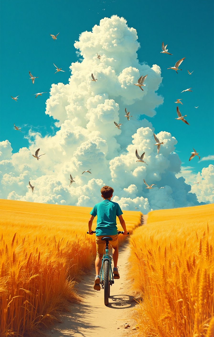 A young man on his bicycle in the middle of an endless wheat field. Next to him is a tall,  white,  tree-shaped cloud by A...