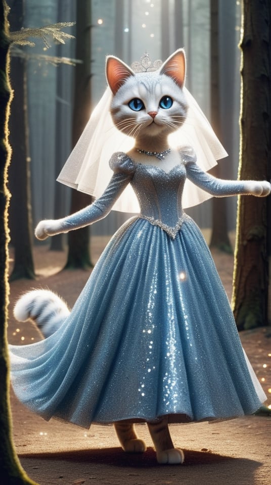 1 anthropomorphic cat,  full body,  act as a a bride with long white veil dancing in the forest by user_650381503427072597...