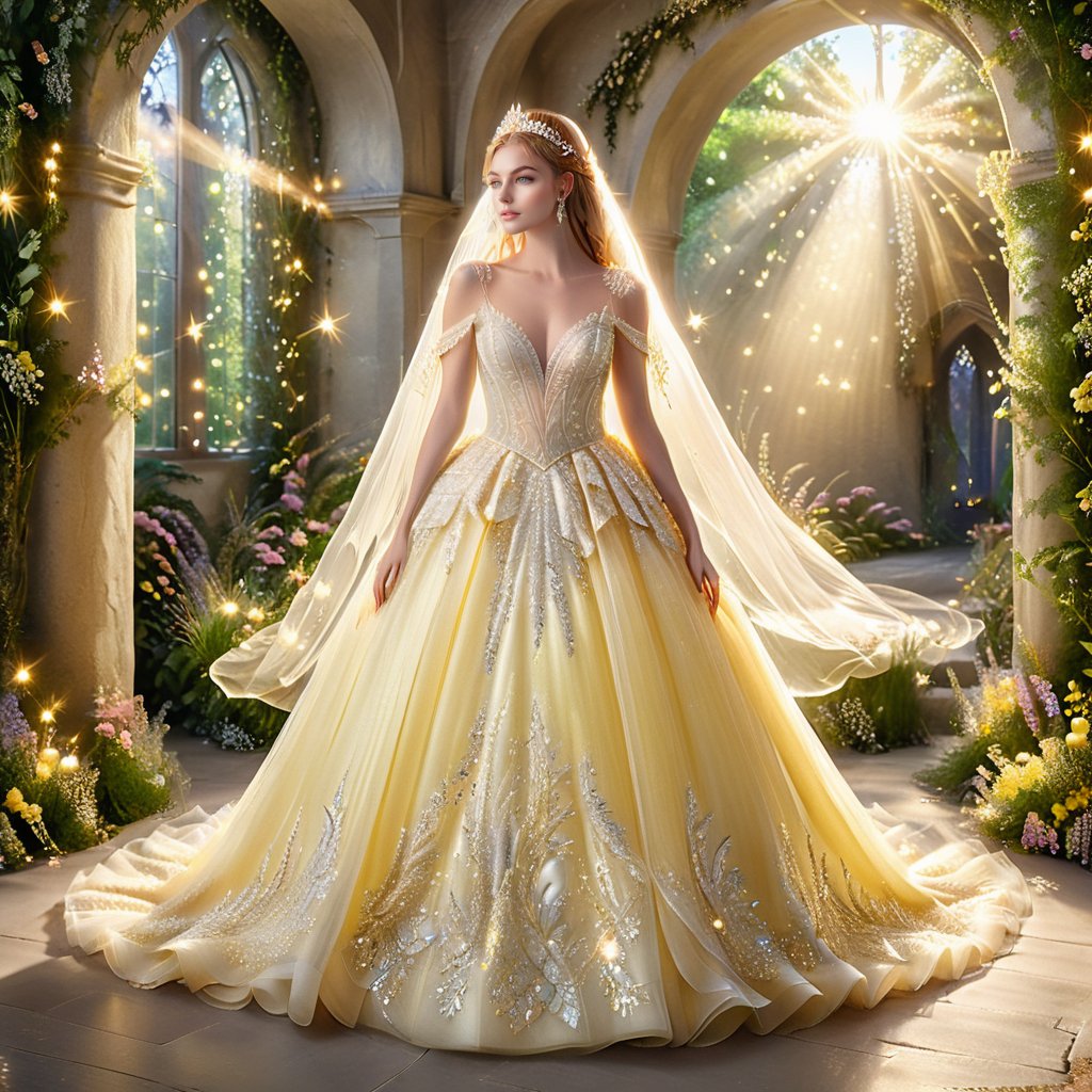 bride with big breast of G cup,Light spills through the enchanted forest, illuminating a vision in a flowing yellow wedding ballgown. Delicate embroidery shimmers with every step, and a cathedral veil cascades down her back like a waterfall of moonlight. A radiant bride, ready to begin her happily ever after in this magical fairyland,glitter