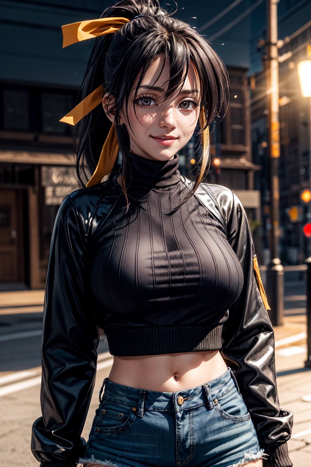 best quality:1.4), (detailed:1.3), (RAW photo:1.2), highres, intricate, 8K wallpaper, cinematic lighting, photorealistic, beautiful clean smile, one woman, female_solo, large breasts, black hair, ponytail, yellow hair ribbon, white cropped shirt, turtle_neck, short jeans, black jacket, latex jacket, daytime, akeno himejima