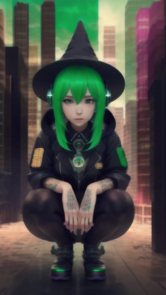 best quality, masterpiece, (detailed:1.2), 1girl, mona, gumi vocaloid, squatting, cutesie, witch hat, science fiction, cyberpunk, green hair, chromatic aberration, outdoors, city, crowd, faceless crowd","wallpaper, 1boy, solo, male focus, tattoo, monochrome, cyberpunk, (chromatic aberration), detailed background, mechanical parts, cable, indoors