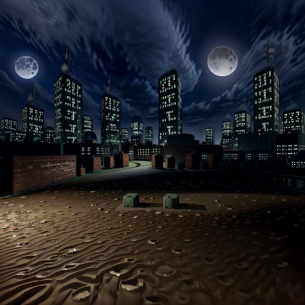 city, night, moon, sky, dirt,