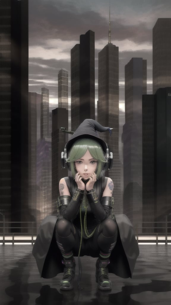 best quality, masterpiece, (detailed:1.2), 1girl, mona, gumi vocaloid, squatting, cutesie, witch hat, science fiction, cyberpunk, green hair, chromatic aberration, outdoors, city, crowd, faceless crowd","wallpaper, 1boy, solo, male focus, tattoo, monochrome, cyberpunk, (chromatic aberration), detailed background, mechanical parts, cable, indoors