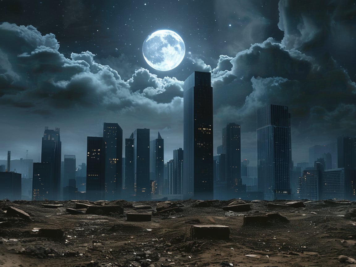 night, dark blue sky with blurry white clouds, full moon, black rectangular skyscrapers with small windows in which white light is visible, metal superstructures are visible at the tops of skyscrapers, brown cubes and a few gray cubes are visible at the base of skyscrapers, the earth is brown mud or clay