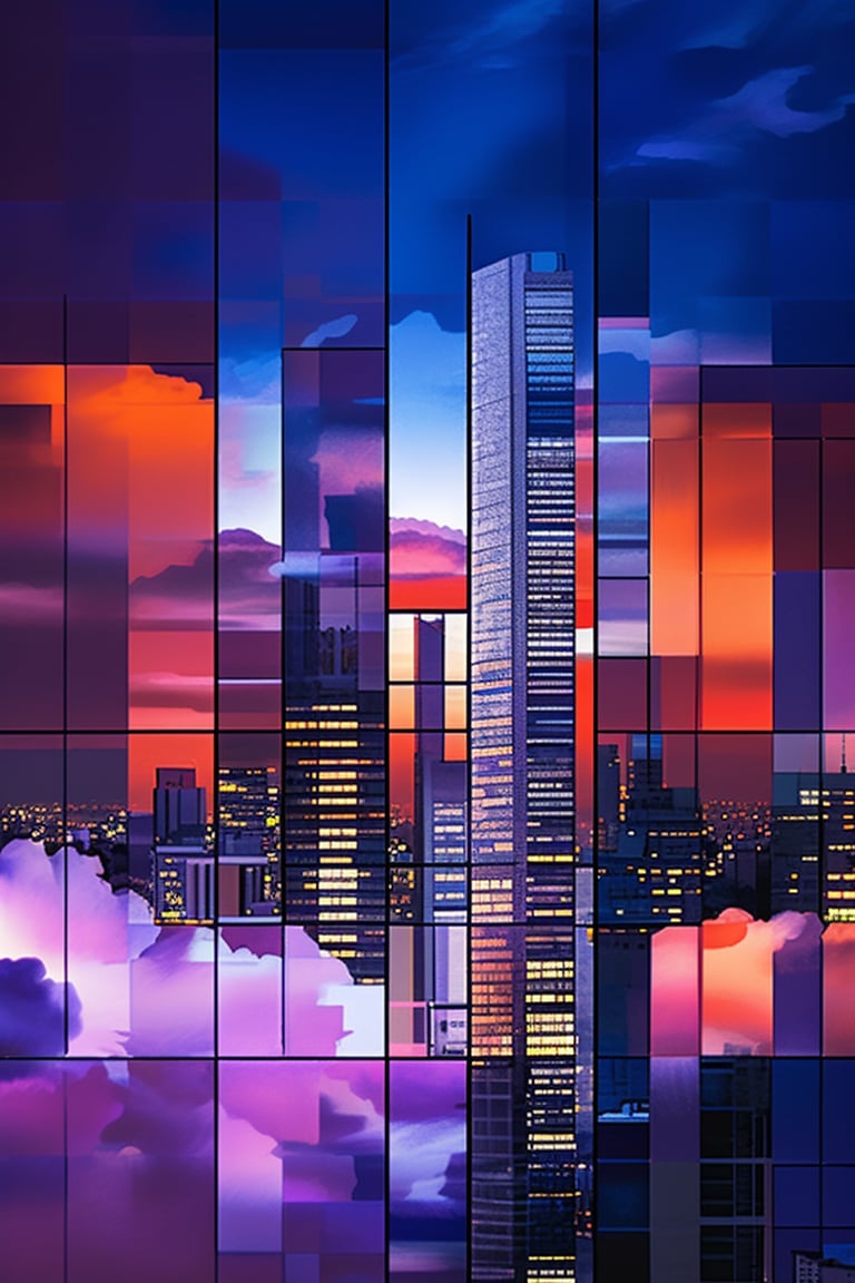 A panoramic cityscape at dusk with dark orange clouds illuminated by city lights. The purple sky contrasts with square and rectangular skyscrapers featuring white, frequent square windows. Skyscraper windows display shades of light green, blue, dark blue, and dark turquoise. Roofs are outlined with a dim blue square border, some with red corner lights and a warning red diode atop one skyscraper. The scene captures the urban skyline's dynamic interplay of colors and architectural details under the twilight sky.