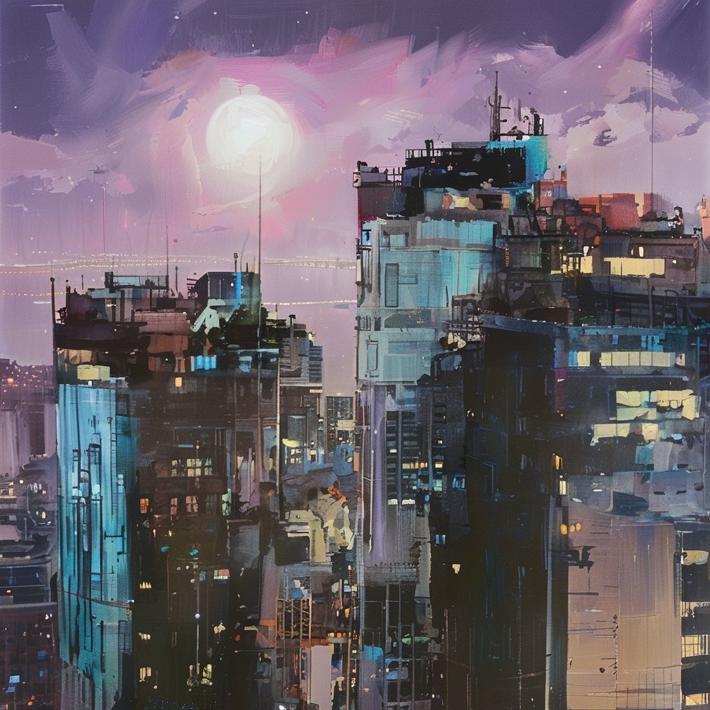 night, cloud lumened by city, bright moon, dark-gray-purple sky; sky scrapers square and rectangular skyscrapers with white frequent square windows, shades of skyscraper windows: dark blue, dark turquoise. The roofs of skyscrapers from dark squares or illuminated with a dim blue border,