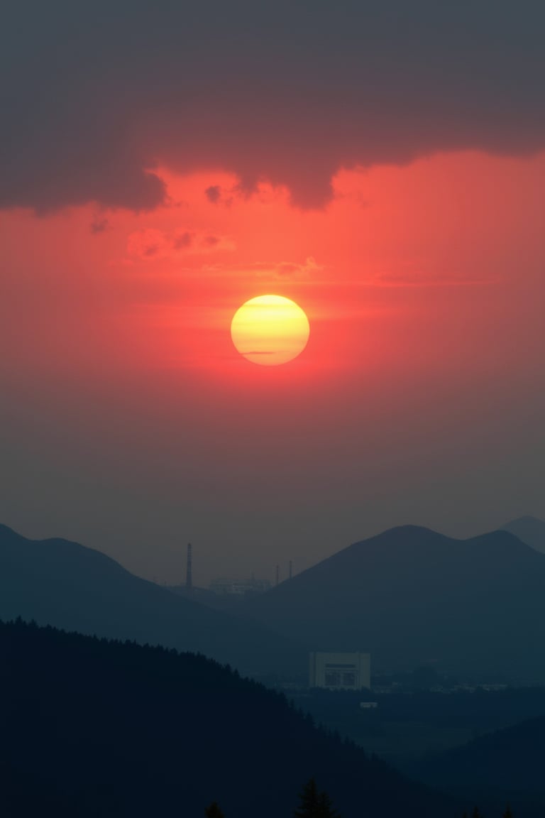 A dense layer of gray clouds illuminated in red color from above, a small golden sun, gray mountains in the distance on the horizon among which power plants and industrial buildings can be seen, closer gray mountains on the horizon among which power plants and industrial buildings can be seen, black mountains on the horizon among which power plants and industrial buildings can be seen,