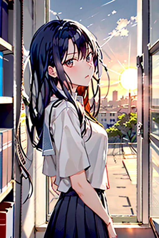 contrast manga, character, anime girl with bangs and medium-long hair in the school library, feels the breath of spring and the sun, the sun falling on the shelves in the school library, creates a feeling of morning and at the same time has the charm of sunset, but in reality it is not clear what time, as if it it was out of time, or it was day, so good that it seems that now it will always be like this.