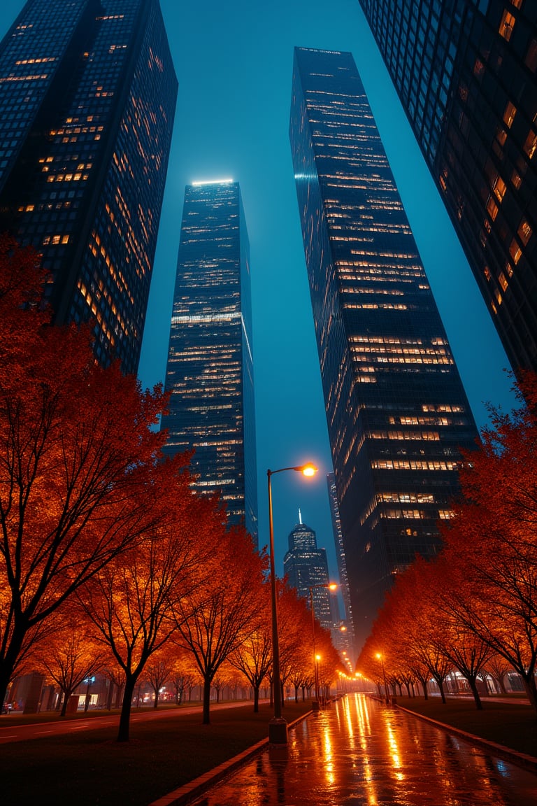 Night, autumn, skyscrapers with orange windows, lanterns illuminate the foliage of the trees and are reflected in the glass of the skyscrapers