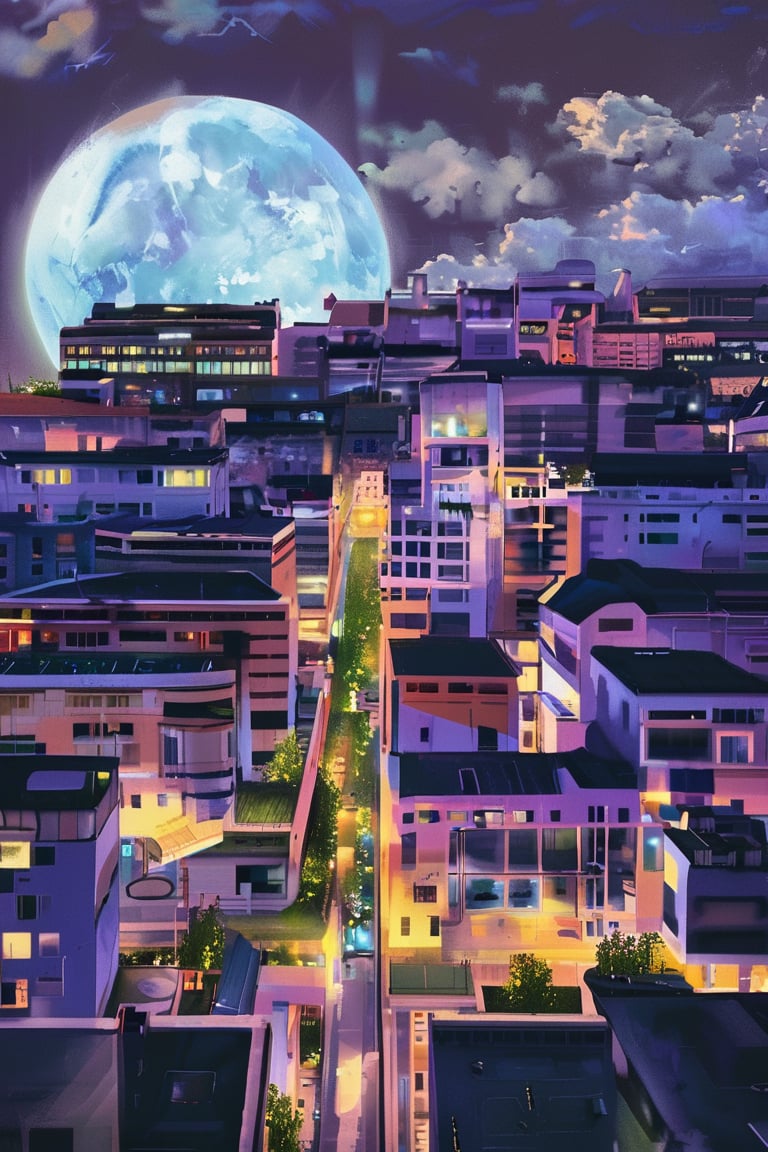 night, cloud lumened by city, bright moon, dark-gray-purple sky; sky scrapers square and rectangular skyscrapers with white frequent square windows, shades of skyscraper windows: dark blue, dark turquoise. The roofs of skyscrapers from dark squares or illuminated with a dim blue border,