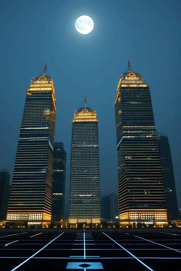 a group of gold square-shaped ornaments on black ground surrounded by gray lines, and gray ornaments with rectangular lines; light bluish gray-light skyscrapers, sometimes with a light greenish tint, with frequent square windows, above two skyscrapers there is a red diode warning aircraft; with a dark gray sky and a clear gray sky illuminated by a bright white-blue moon,