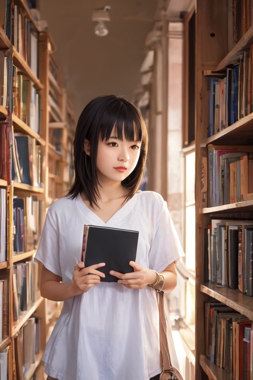 An anime girl with bangs and medium length hair in the school library, feels the breath of spring and sun, the sun falling on the shelves in the school library, creates a feeling of morning and at the same time has the charm of sunset, but in reality it is not clear what time, as if it was out of time, either It was such a good day that it seems that now it will always be like this.