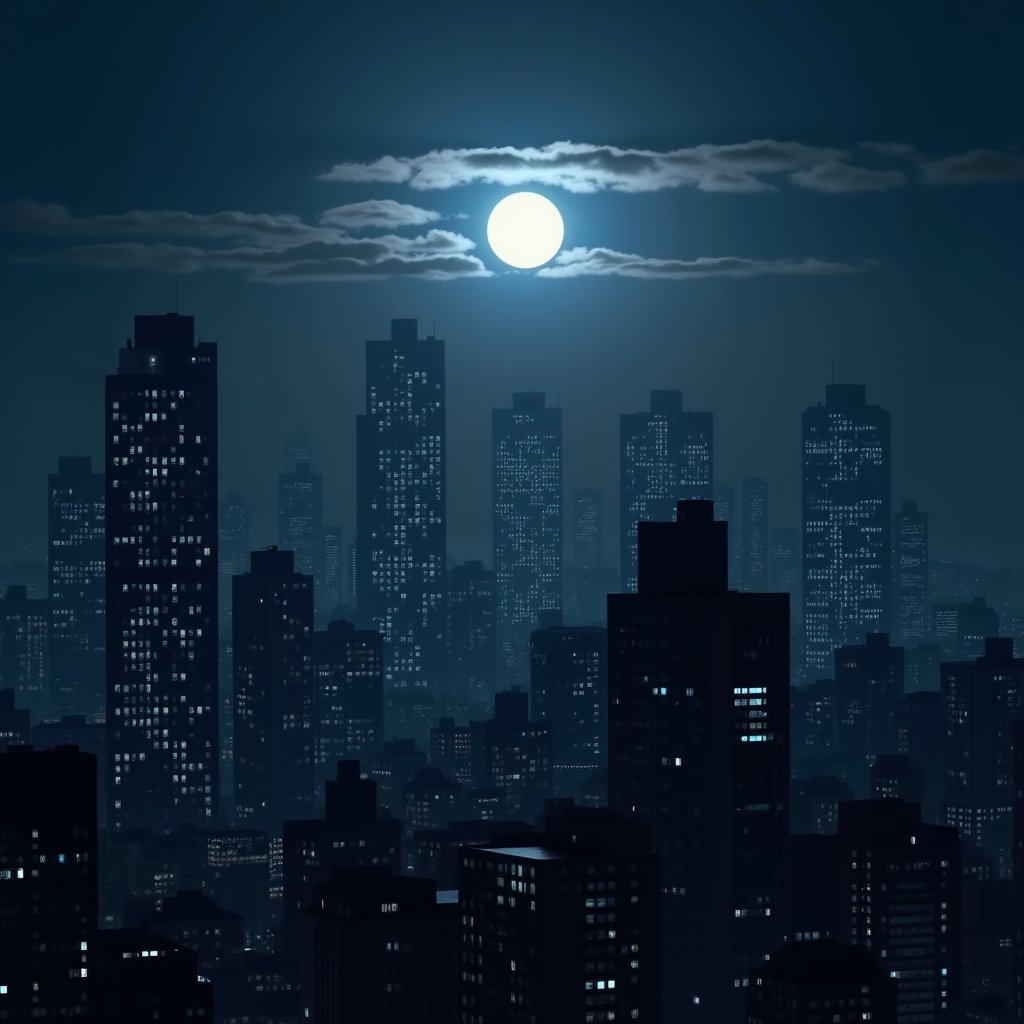 night, dark muted pale cloud lumened by bright moon, skyscrapers with white frequent square windows; shades of skyscraper windows: light blue, The roofs of skyscrapers are dark squares or illuminated with a dim blue border,