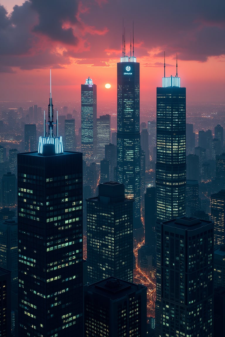 dark orange clouds illuminated by the city, purple sky, square and rectangular skyscrapers with white frequent square windows, shades of skyscraper windows light green, blue, dark blue, dark turquoise. The roofs of skyscrapers from dark squares to squares are illuminated with a dim blue square border, some skyscrapers are topped with diodes.