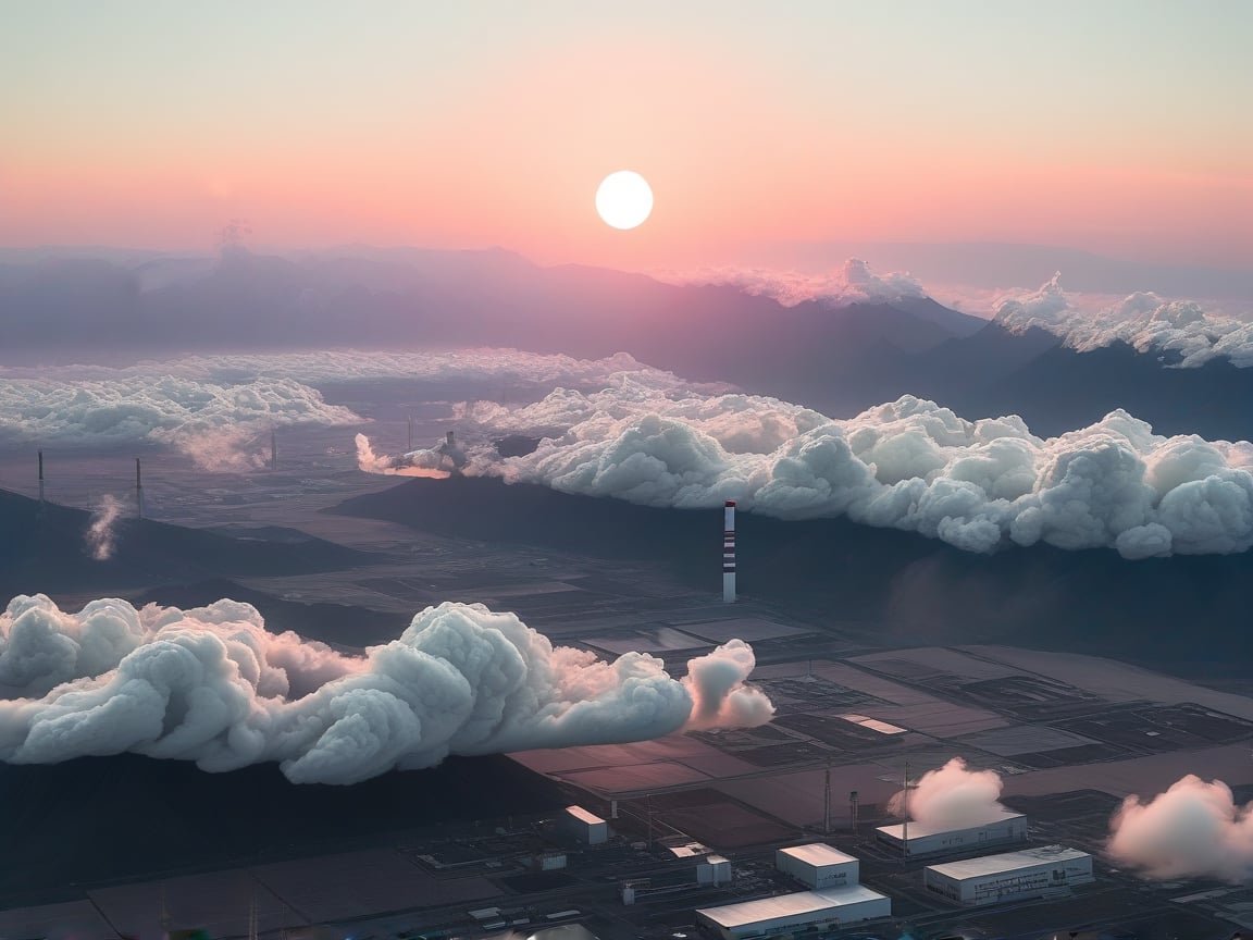 a dense layer of gray clouds illuminated in light rose color from above, a small golden sun, light gray mountains in the distance on the horizon among which power plants and industrial buildings can be seen, closer gray mountains on the horizon among which power plants and industrial buildings can be seen, black mountains on the horizon among which power plants and industrial buildings can be seen,